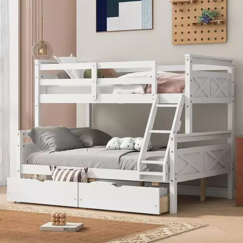 Letto a castello grigio/bianco singolo su una piazza e mezza con cassetti contenitore, convertibile, 2 posti letto