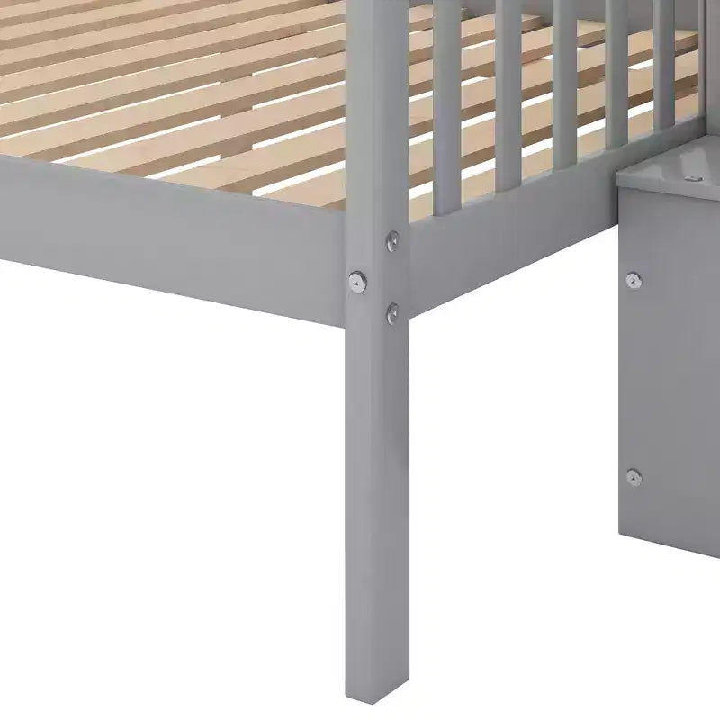 Letto a castello a soppalco grigio/bianco con scalinata contenitore e ringhiera – 2 posti letto