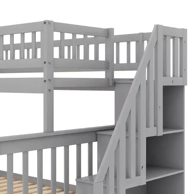 Letto a castello a soppalco grigio/bianco con scalinata contenitore e ringhiera – 2 posti letto
