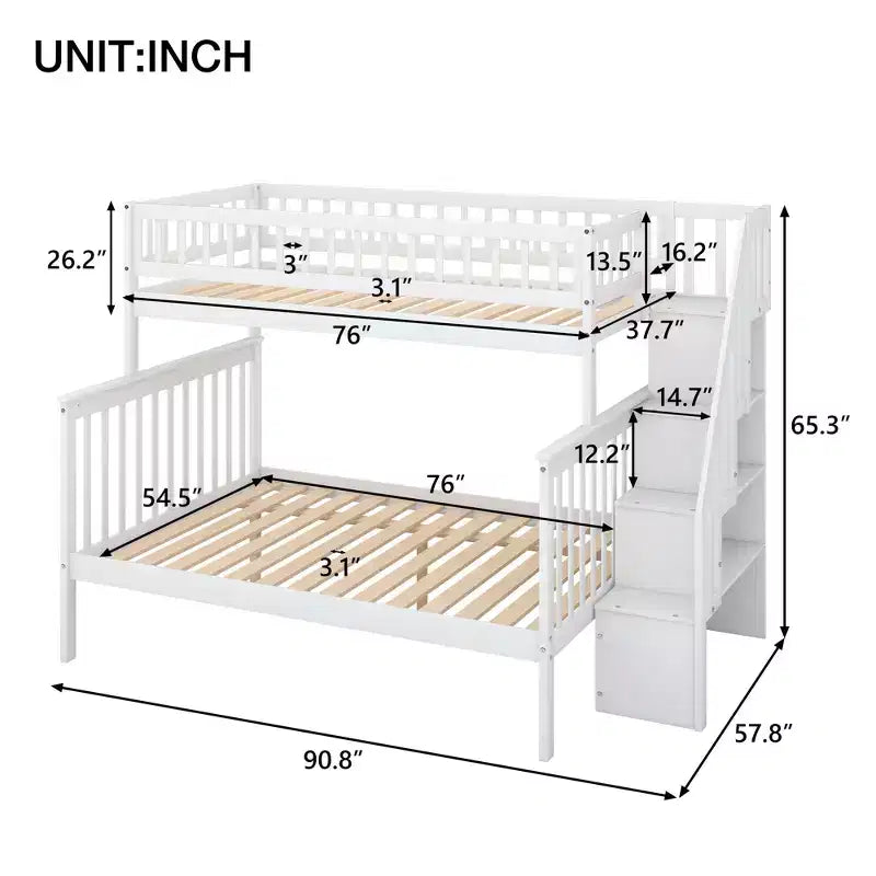Letto a castello a soppalco grigio/bianco con scalinata contenitore e ringhiera – 2 posti letto