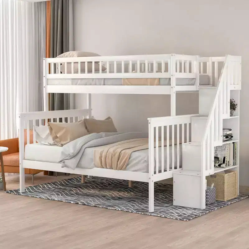 Letto a castello a soppalco grigio/bianco con scalinata contenitore e ringhiera – 2 posti letto