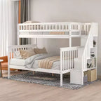 Letto a castello a soppalco grigio/bianco con scalinata contenitore e ringhiera – 2 posti letto
