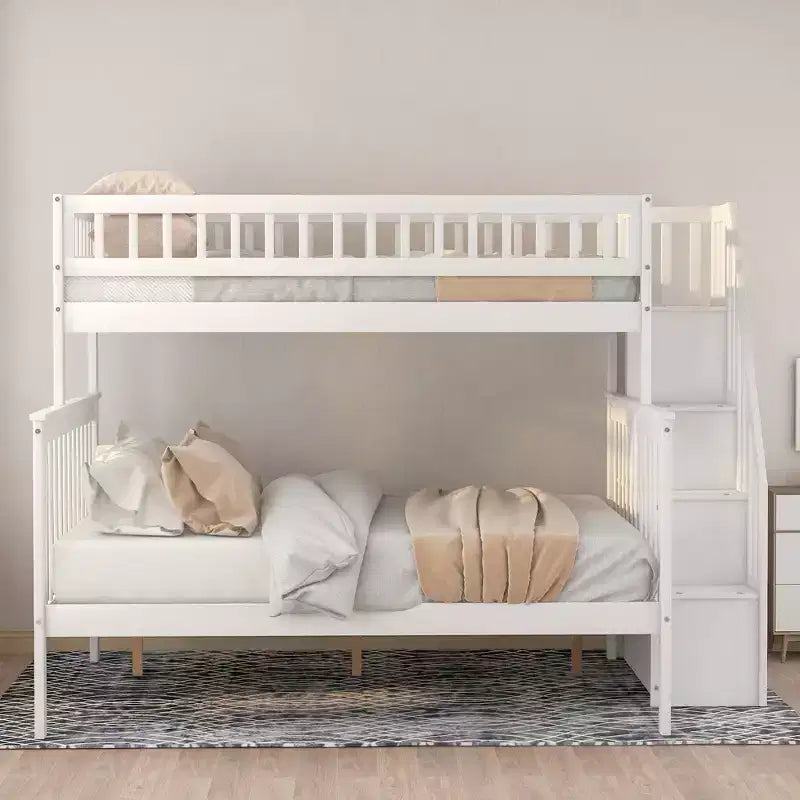 Letto a castello a soppalco grigio/bianco con scalinata contenitore e ringhiera – 2 posti letto