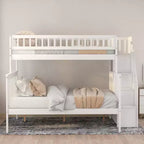 Letto a castello a soppalco grigio/bianco con scalinata contenitore e ringhiera – 2 posti letto