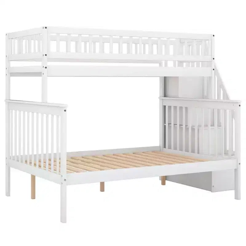 Letto a castello a soppalco grigio/bianco con scalinata contenitore e ringhiera – 2 posti letto