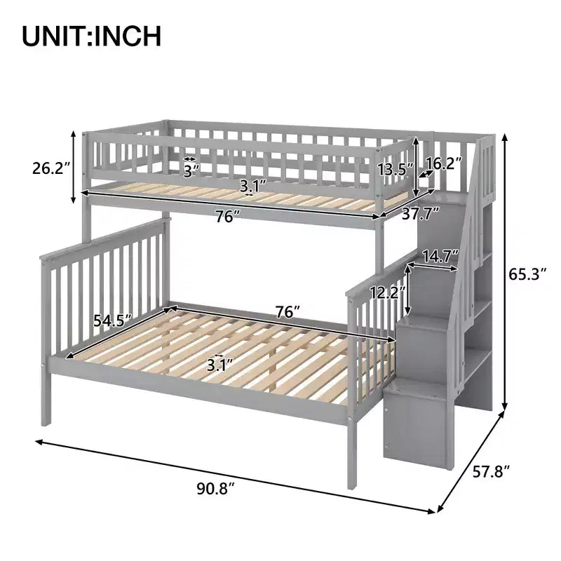 Letto a castello a soppalco grigio/bianco con scalinata contenitore e ringhiera – 2 posti letto