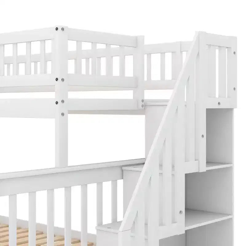Letto a castello a soppalco grigio/bianco con scalinata contenitore e ringhiera – 2 posti letto