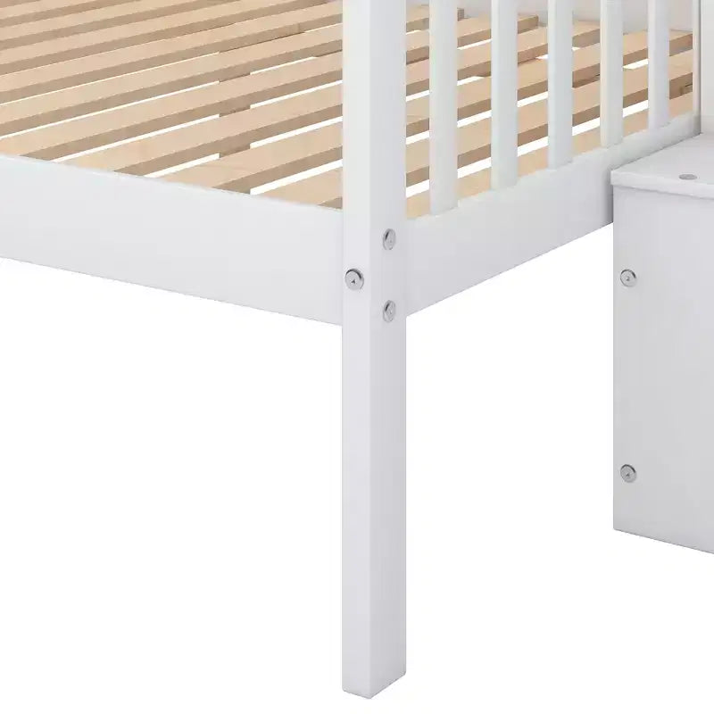 Letto a castello a soppalco grigio/bianco con scalinata contenitore e ringhiera – 2 posti letto