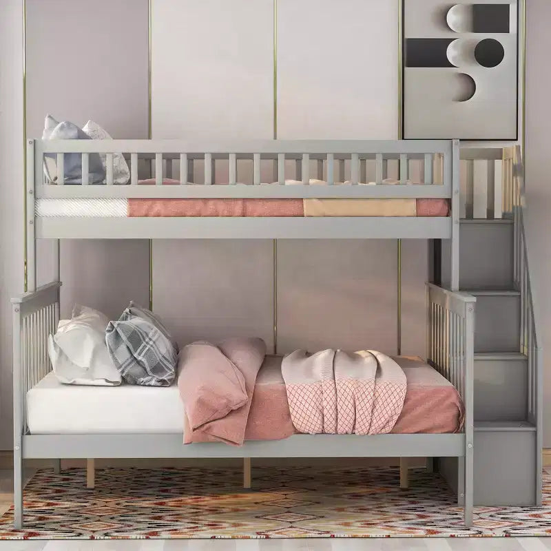 Letto a castello a soppalco grigio/bianco con scalinata contenitore e ringhiera – 2 posti letto