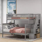 Letto a castello a soppalco grigio/bianco con scalinata contenitore e ringhiera – 2 posti letto
