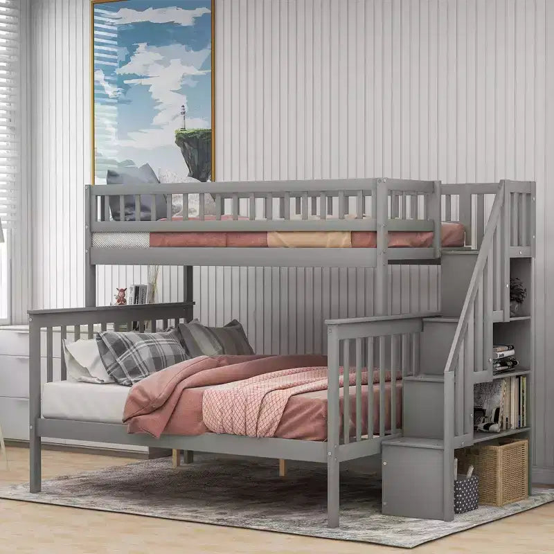 Letto a castello a soppalco grigio/bianco con scalinata contenitore e ringhiera – 2 posti letto