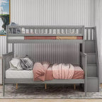 Letto a castello a soppalco grigio/bianco con scalinata contenitore e ringhiera – 2 posti letto