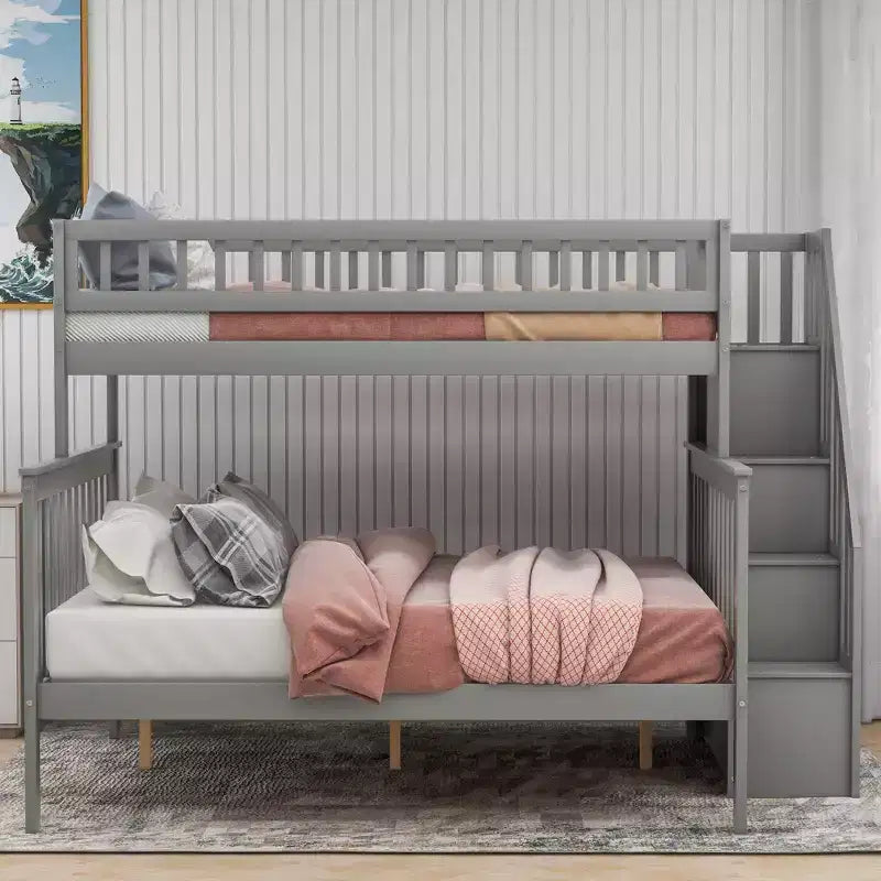 Letto a castello a soppalco grigio/bianco con scalinata contenitore e ringhiera – 2 posti letto