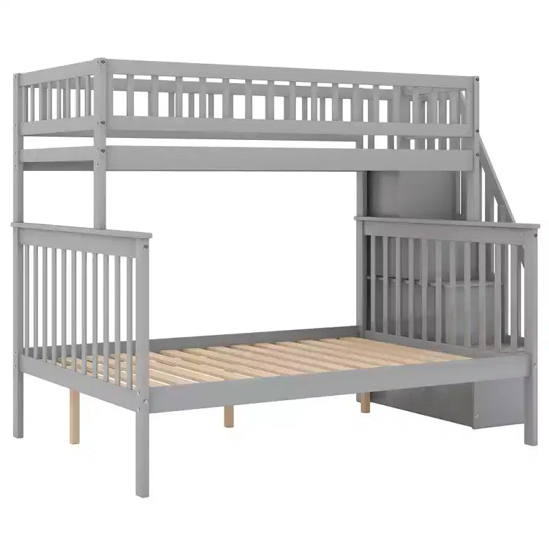 Letto a castello a soppalco grigio/bianco con scalinata contenitore e ringhiera – 2 posti letto