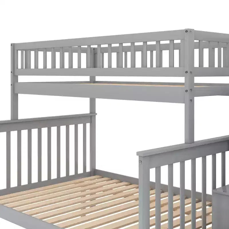 Letto a castello a soppalco grigio/bianco con scalinata contenitore e ringhiera – 2 posti letto