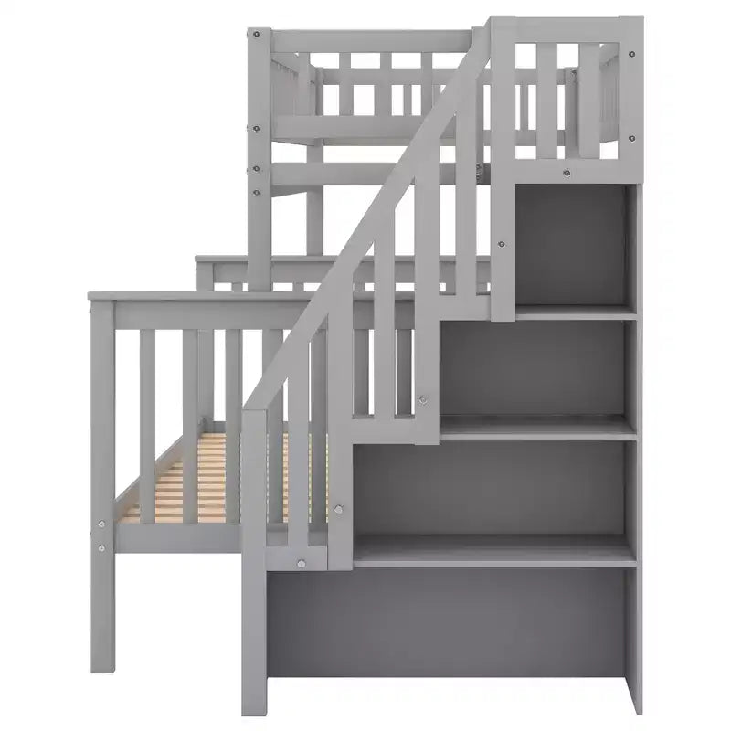 Letto a castello a soppalco grigio/bianco con scalinata contenitore e ringhiera – 2 posti letto