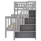 Letto a castello a soppalco grigio/bianco con scalinata contenitore e ringhiera – 2 posti letto