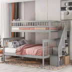 Twin over Full Loft Bed with Stairs, Solid Wood Stairway Bunk Bed with Storage and Guard Rail for Kids Teens Adults