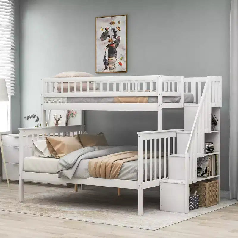 Letto a castello a soppalco grigio/bianco con scalinata contenitore e ringhiera – 2 posti letto