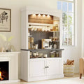 Acekool Coffee Bar Cabinet, Tall Farmhouse Buffet with Glass Shelf, Storage Hutch, Wine Rack, Adjustable Lighting, Antique White & Oak, 72x42