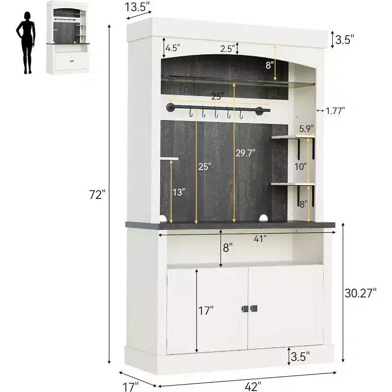 Mobile Bar Alto Bianco Antico e Rovere con Ripiano in Vetro, Portabottiglie e Illuminazione a LED | 2 Ante 2 Cassetti | Per 1