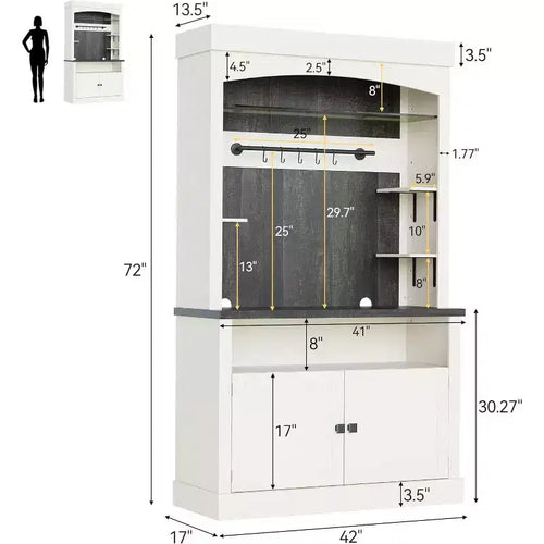 Mobile Bar Alto Bianco Antico e Rovere con Ripiano in Vetro, Portabottiglie e Illuminazione a LED | 2 Ante 2 Cassetti | Per 1