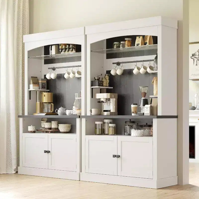 Mobile Bar Alto Bianco Antico e Rovere con Ripiano in Vetro, Portabottiglie e Illuminazione a LED | 2 Ante 2 Cassetti | Per 1