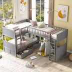 Letto a castello triplo a L grigio/bianco, a due piani, 3 posti letto