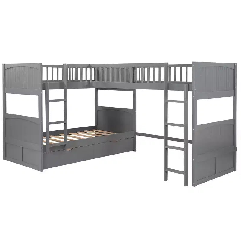 Letto a castello triplo a L grigio/bianco, a due piani, 3 posti letto