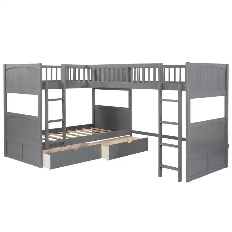 Letto a castello triplo a L grigio/bianco, a due piani, 3 posti letto