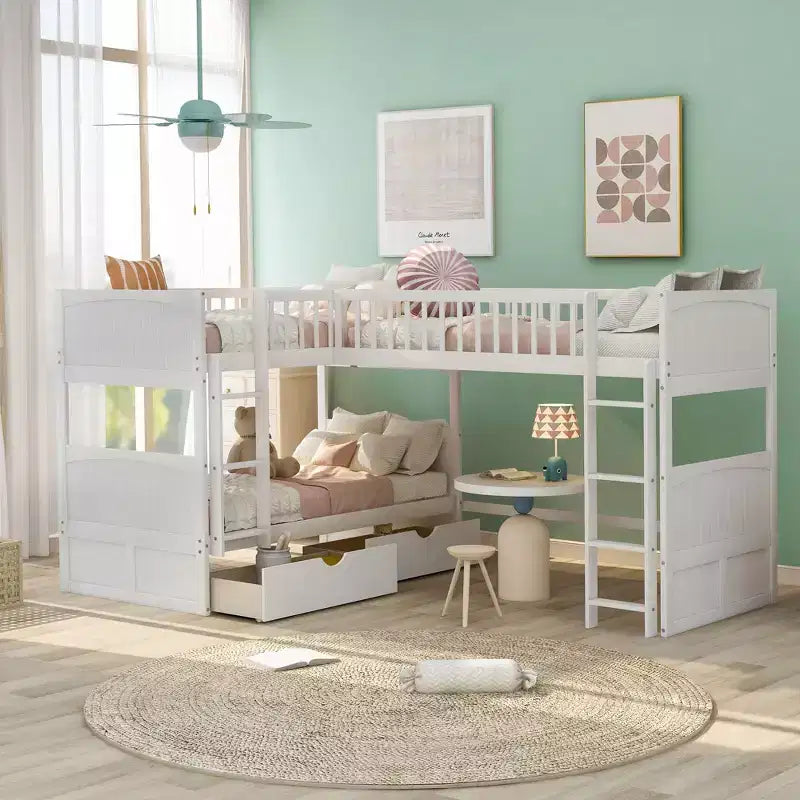 Letto a castello triplo a L grigio/bianco, a due piani, 3 posti letto