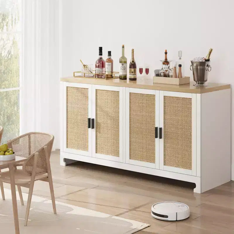 Credenza in Rattan 60" Marrone / Bianco e Marrone con 4 Ante – Ripiani Regolabili, Posti a sedere fino a 14 persone