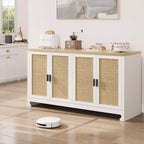 Credenza in Rattan 60" Marrone / Bianco e Marrone con 4 Ante – Ripiani Regolabili, Posti a sedere fino a 14 persone