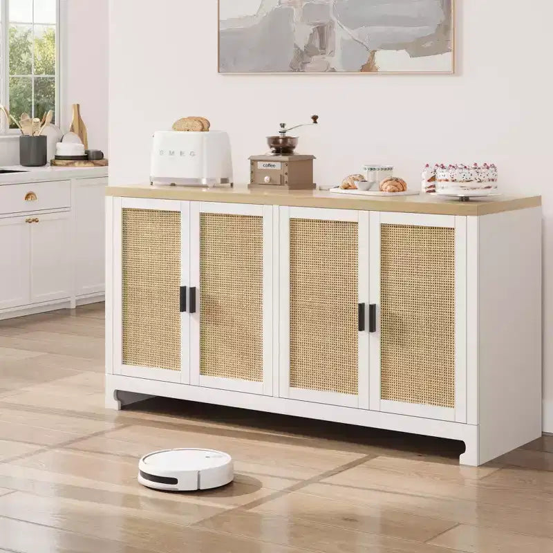 Credenza in Rattan 60" Marrone / Bianco e Marrone con 4 Ante – Ripiani Regolabili, Posti a sedere fino a 14 persone