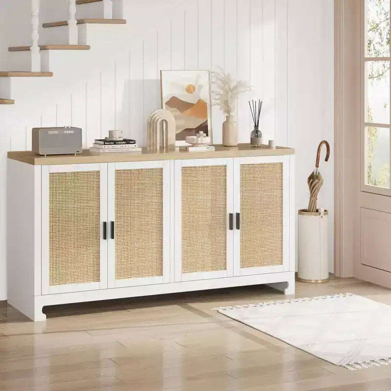 Credenza in Rattan 60" Marrone / Bianco e Marrone con 4 Ante – Ripiani Regolabili, Posti a sedere fino a 14 persone
