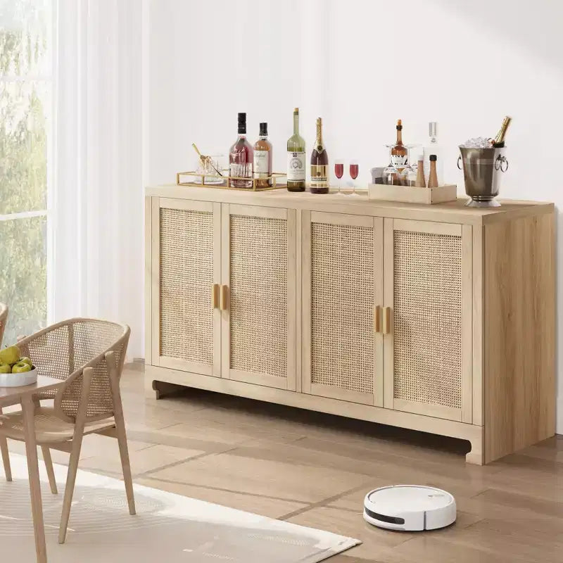 Credenza in Rattan 60" Marrone / Bianco e Marrone con 4 Ante – Ripiani Regolabili, Posti a sedere fino a 14 persone