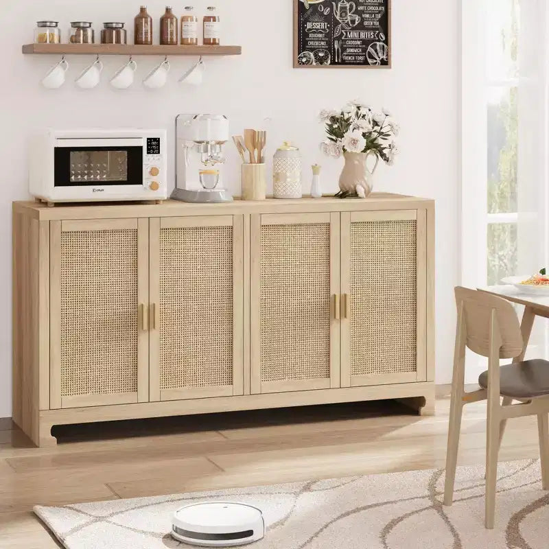 Credenza in Rattan 60" Marrone / Bianco e Marrone con 4 Ante – Ripiani Regolabili, Posti a sedere fino a 14 persone