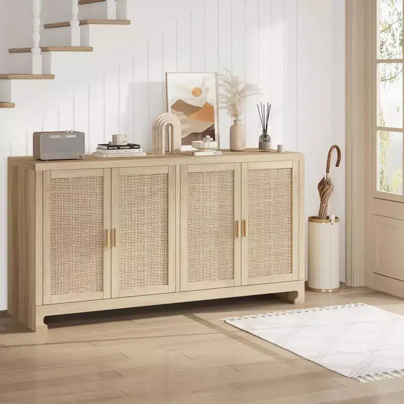 Credenza in Rattan 60" Marrone / Bianco e Marrone con 4 Ante – Ripiani Regolabili, Posti a sedere fino a 14 persone
