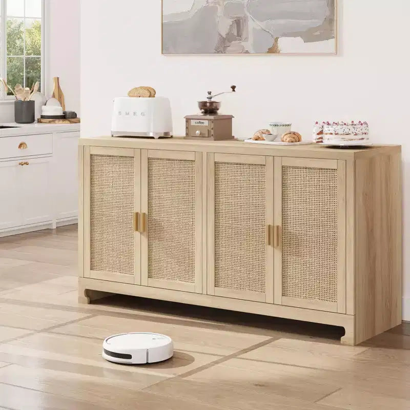 Credenza in Rattan 60" Marrone / Bianco e Marrone con 4 Ante – Ripiani Regolabili, Posti a sedere fino a 14 persone