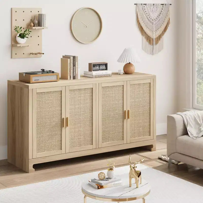 Credenza in Rattan 60" Marrone / Bianco e Marrone con 4 Ante – Ripiani Regolabili, Posti a sedere fino a 14 persone