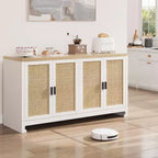Credenza in Rattan 60" Marrone / Bianco e Marrone con 4 Ante – Ripiani Regolabili, Posti a sedere fino a 14 persone