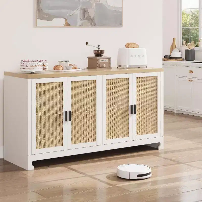 Credenza in Rattan 60" Marrone / Bianco e Marrone con 4 Ante – Ripiani Regolabili, Posti a sedere fino a 14 persone