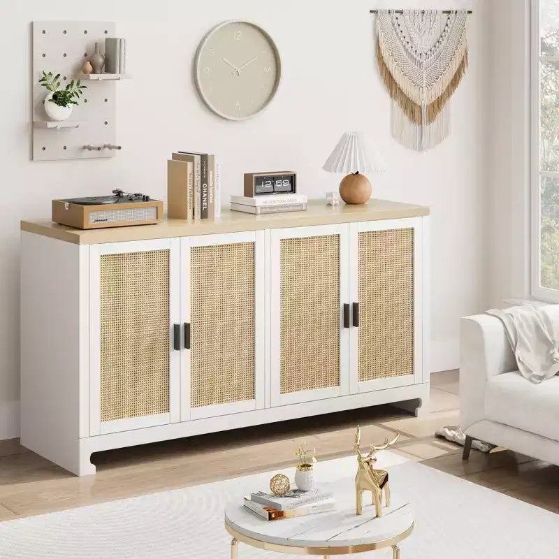Credenza in Rattan 60" Marrone / Bianco e Marrone con 4 Ante – Ripiani Regolabili, Posti a sedere fino a 14 persone