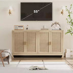 Buffet Cabinet, 60 Rattan Farmhouse Storage Sideboard with 4 Doors - Adjustable Shelves for Dining Room Living Room Entryway