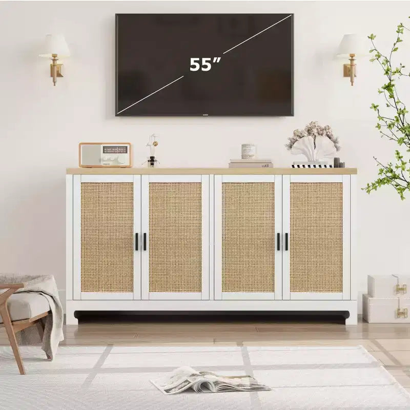 Credenza in Rattan 60" Marrone / Bianco e Marrone con 4 Ante – Ripiani Regolabili, Posti a sedere fino a 14 persone