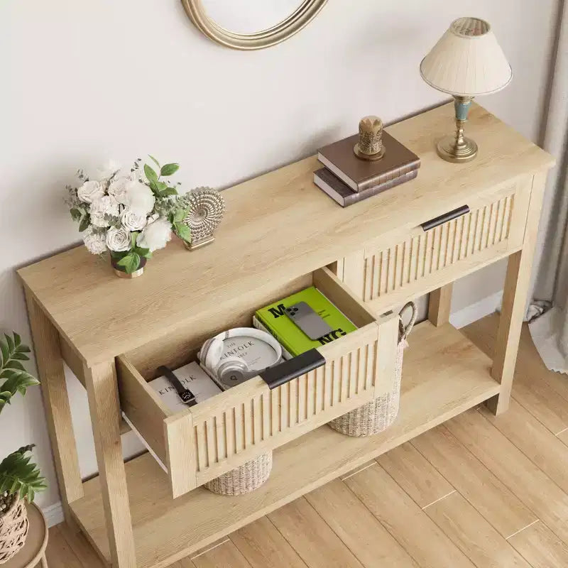 Consolle Burlywood scanalata con 2 cassetti – Legno, 1 pezzo