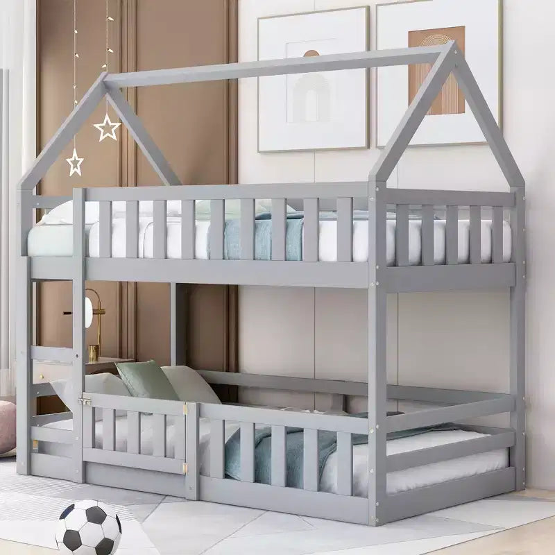 Twin over Twin House Bunk Bed for Kids, Floor Low Bunk Bed with Fence and Door, Wood Twin Size House Shaped Bunk Bed