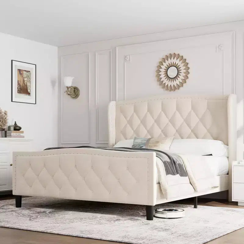 Bed Frame, Platform Bed with Velvet Upholstered Wingback Headboard - Wooden Slat Support, No Box Spring Needed, Easy Assembly