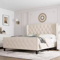 Bed Frame, Platform Bed with Velvet Upholstered Wingback Headboard - Wooden Slat Support, No Box Spring Needed, Easy Assembly