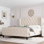 Bed Frame, Platform Bed with Velvet Upholstered Wingback Headboard - Wooden Slat Support, No Box Spring Needed, Easy Assembly